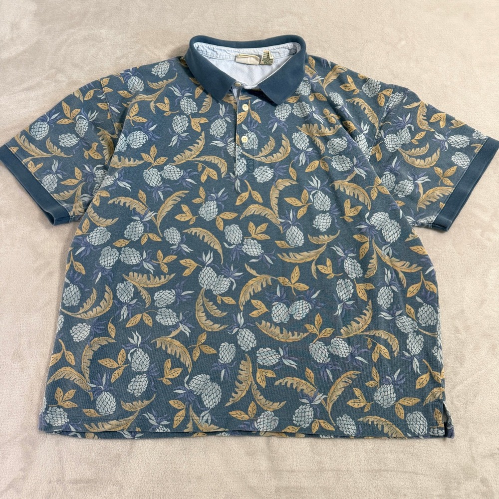 Vintage LL Bean Mens XL Pineapple Tropical Polo Shirt Blue Cotton Pique 90s